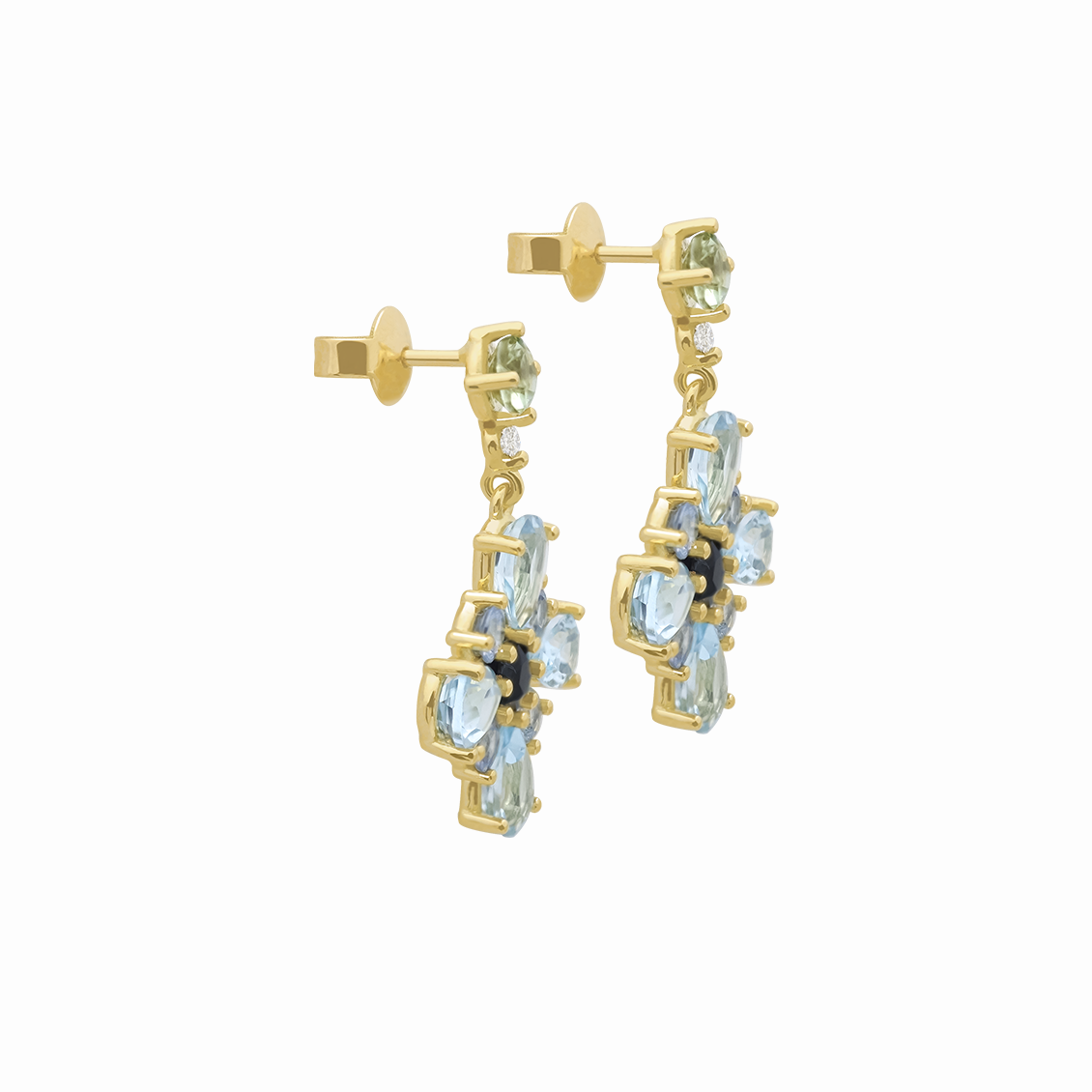 Aretes en oro amarillo de 18K tipo flor largos con topacios zafiros y turmalinas