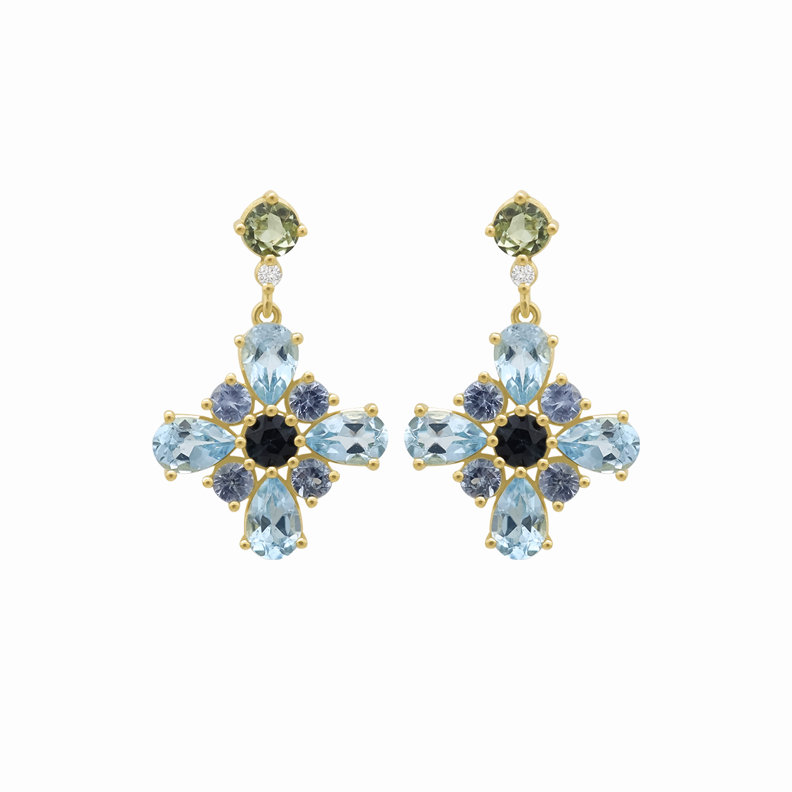 Aretes en oro amarillo de 18K tipo flor largos con topacios zafiros y turmalinas
