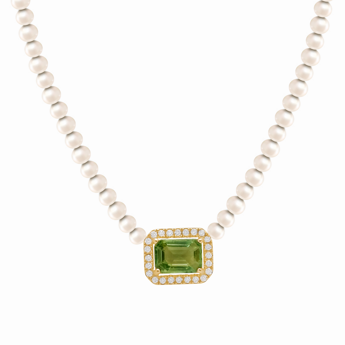 Collar en oro amarillo de 18K con zafiro verde esmeralda, brillantes, perlas y bolita reguladora.
