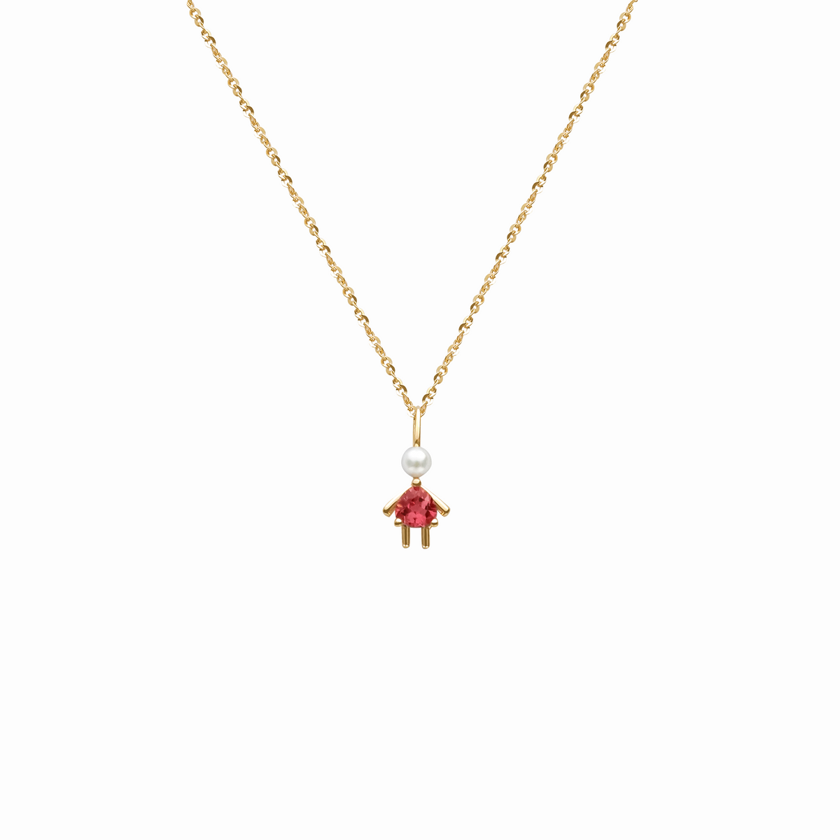 Dije en oro amarillo 18K niña perla y cuerpo turmalina rosa