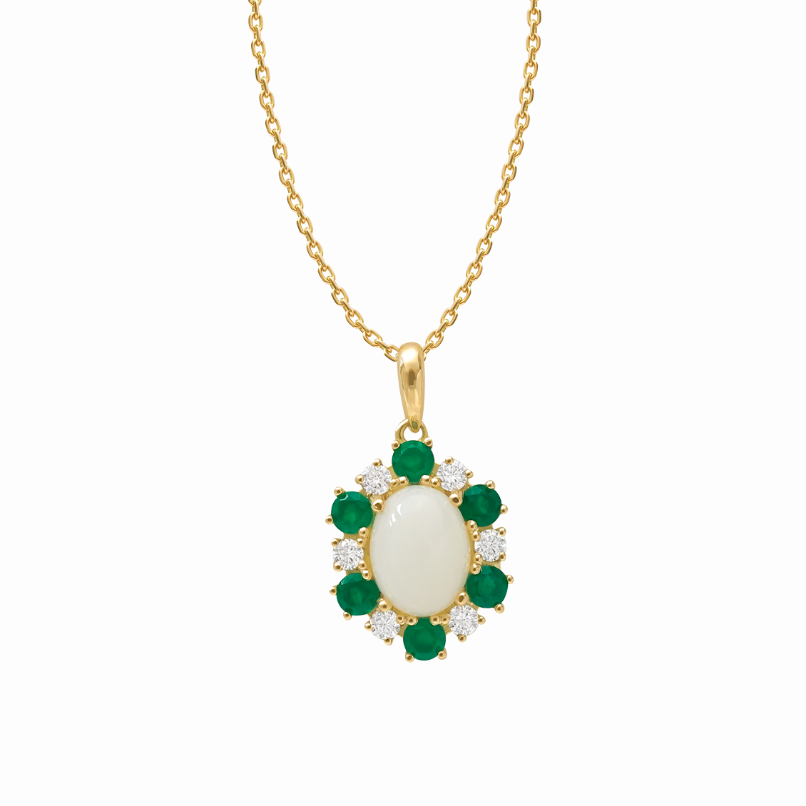 Dije en oro amarillo de 18K Lady Di ópalo cabuchón con Ágatas verdes
