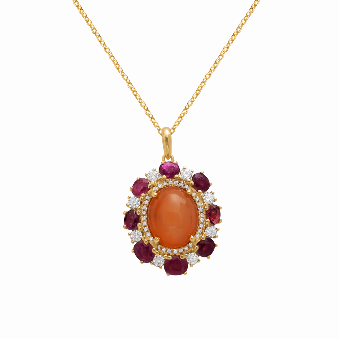 Dije en oro amarillo 18K piedra luna oval, rubies ovales y brillantes