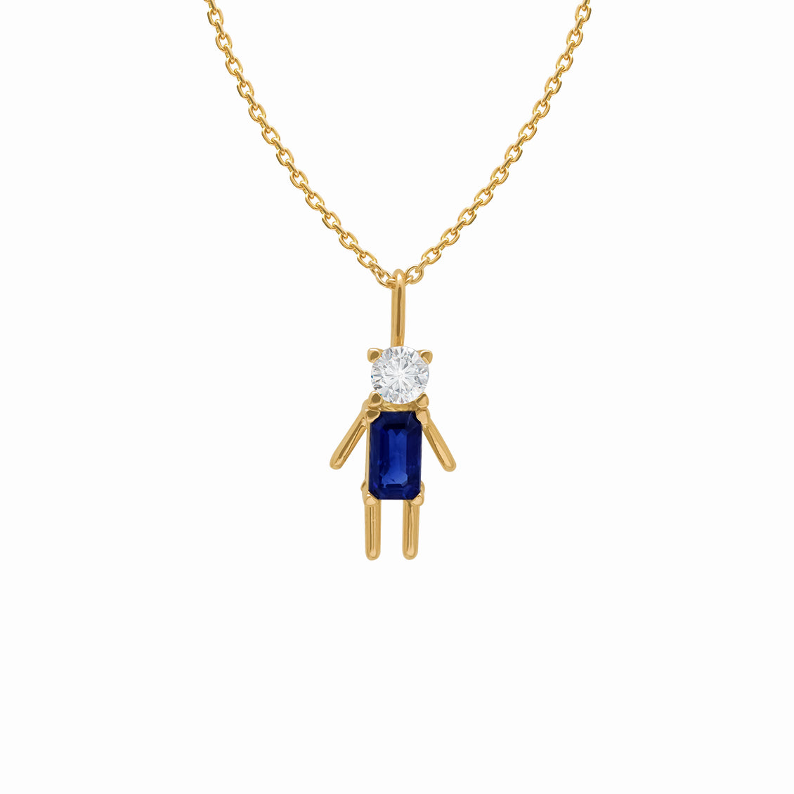 Dije en oro amarillo 18K niño con zafiro blanco y zafiro azul