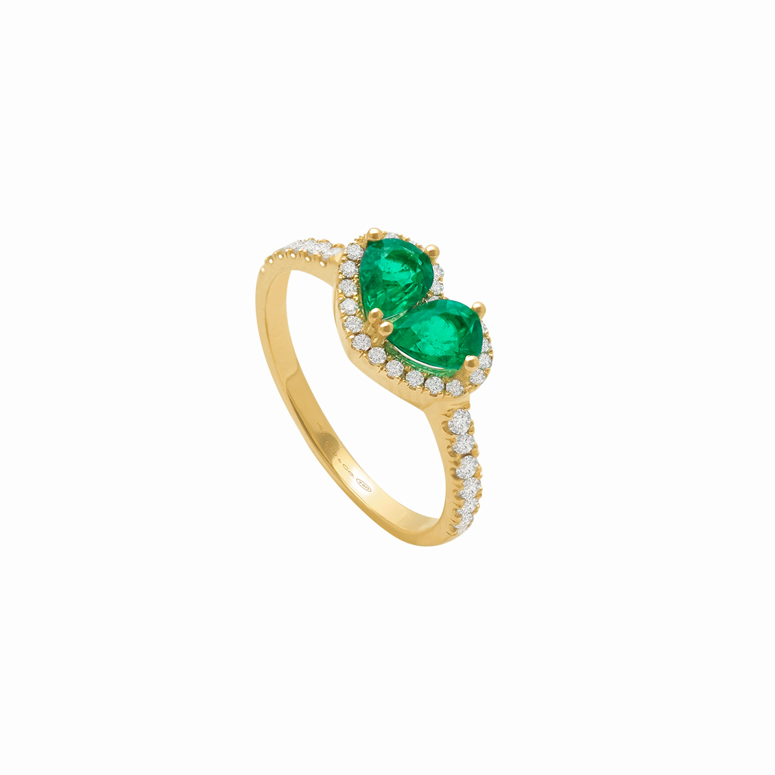 Anillo en oro amarillo 18K con esmeraldas pera corazon y brillantes