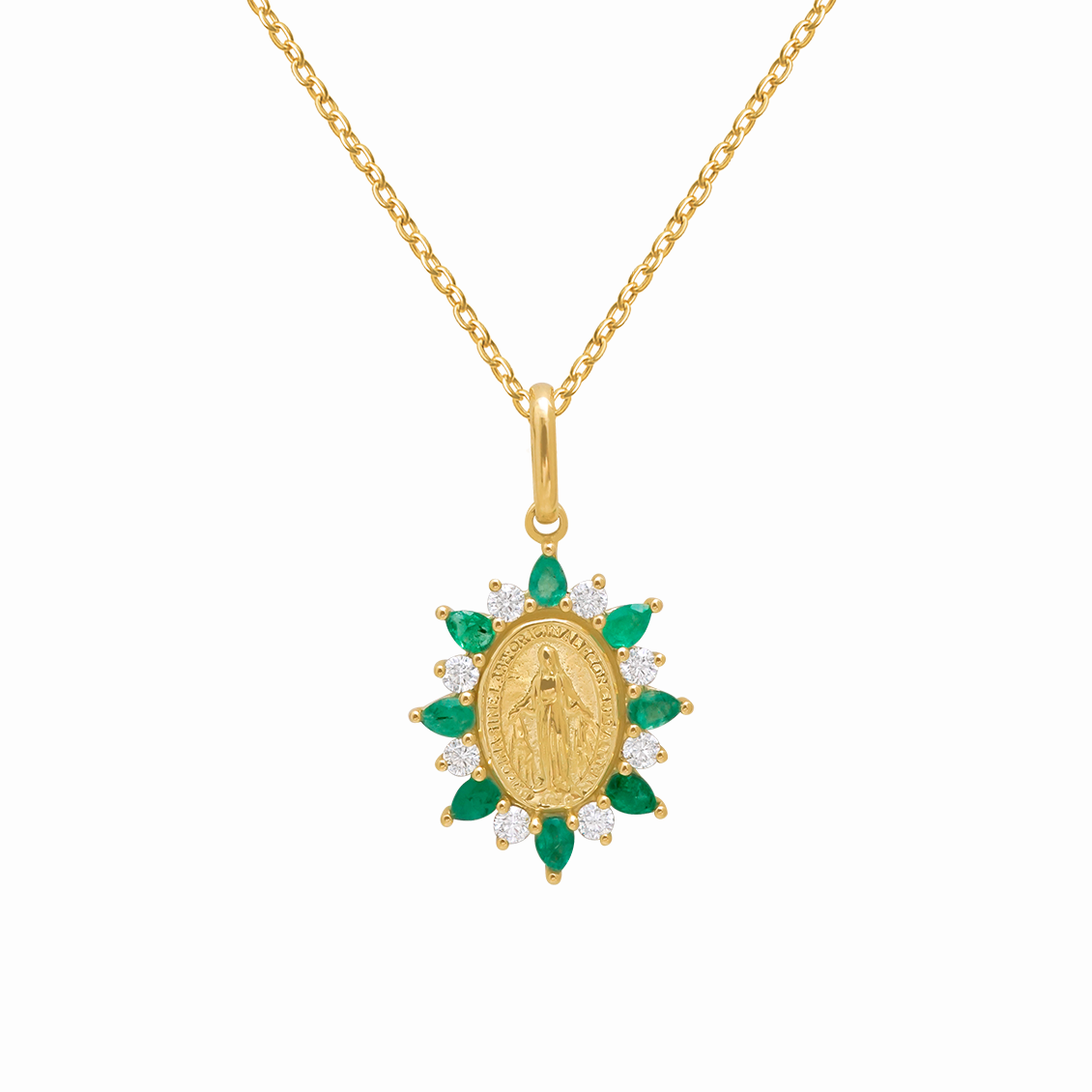 Dije en oro amarillo 18K virgen medalla milagrosa con esmeraldas y brillantes
