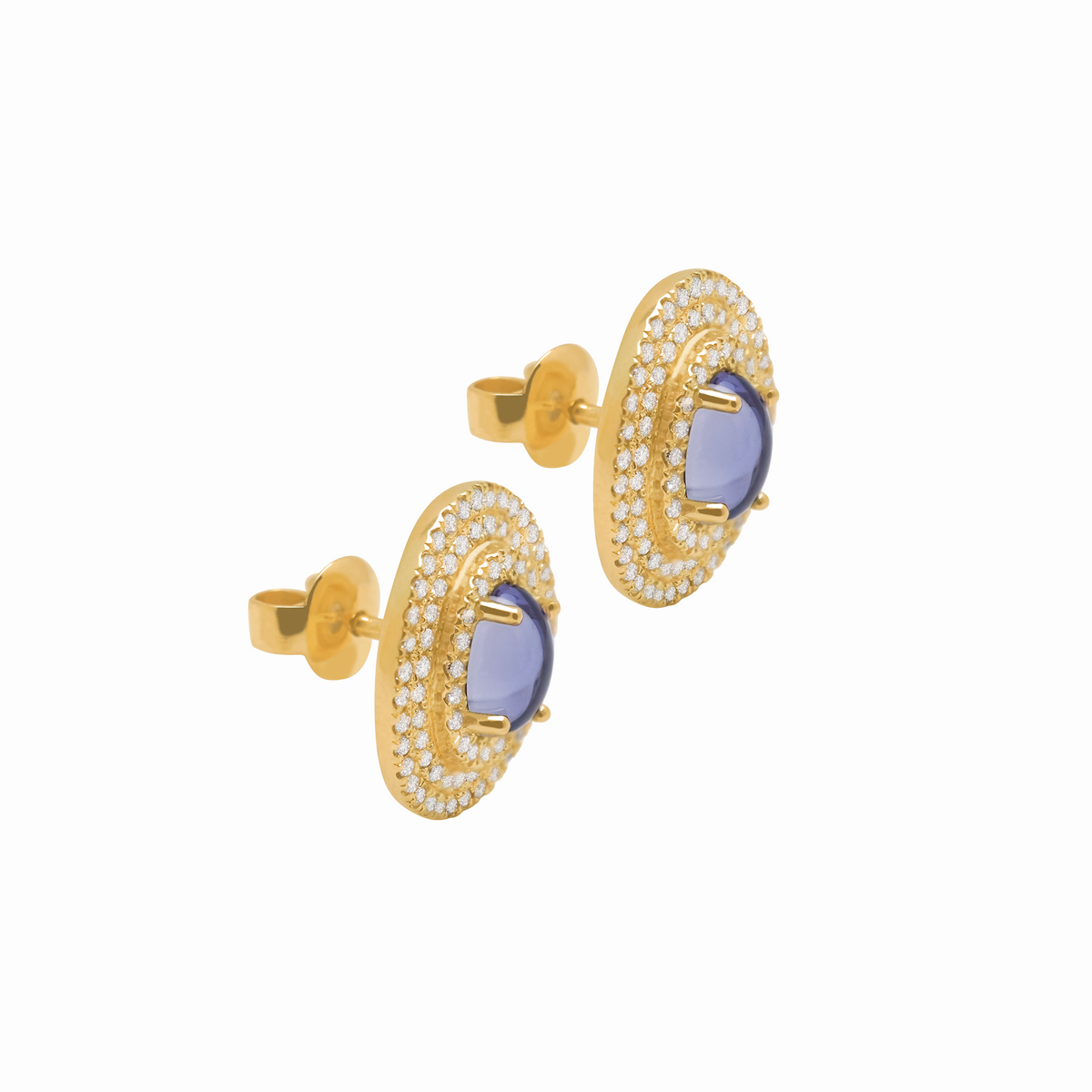 Aretes en oro amarillo 18K iolita cabuchón oval y rieles de brillantes