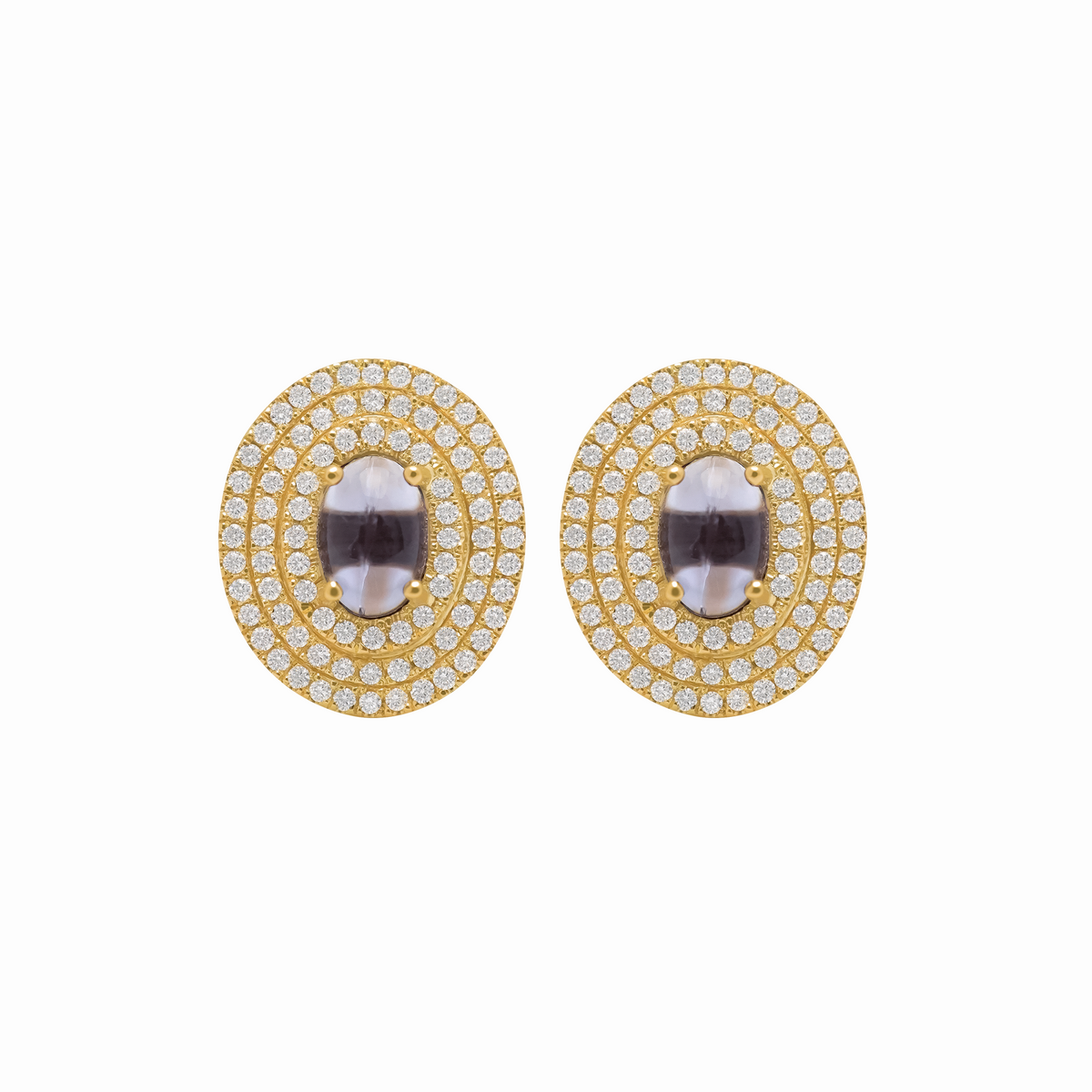 Aretes en oro amarillo 18K iolita cabuchón oval y rieles de brillantes