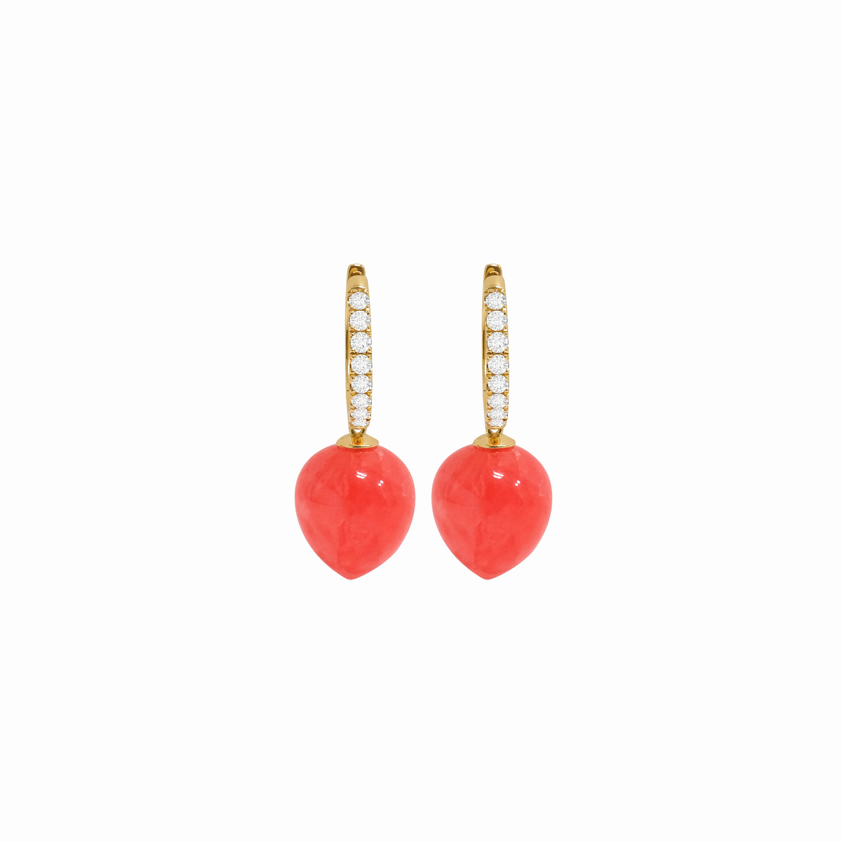 Aretes en oro amarillo de 18K y colgante con rodocrosita pera