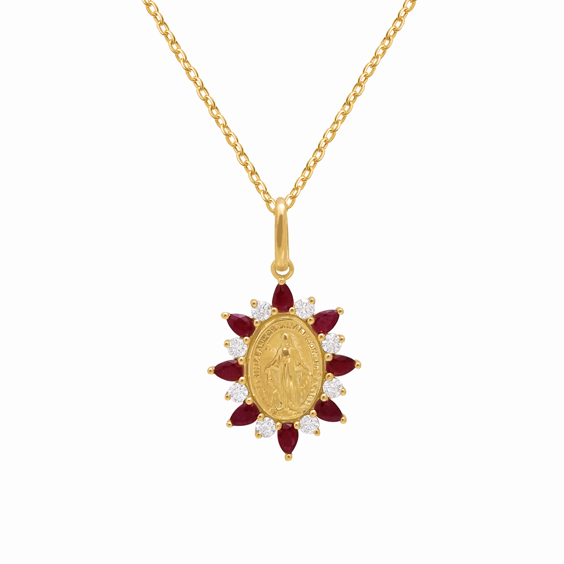 Dije en oro amarillo 18K virgen medalla milagrosa con rubies y brillantes