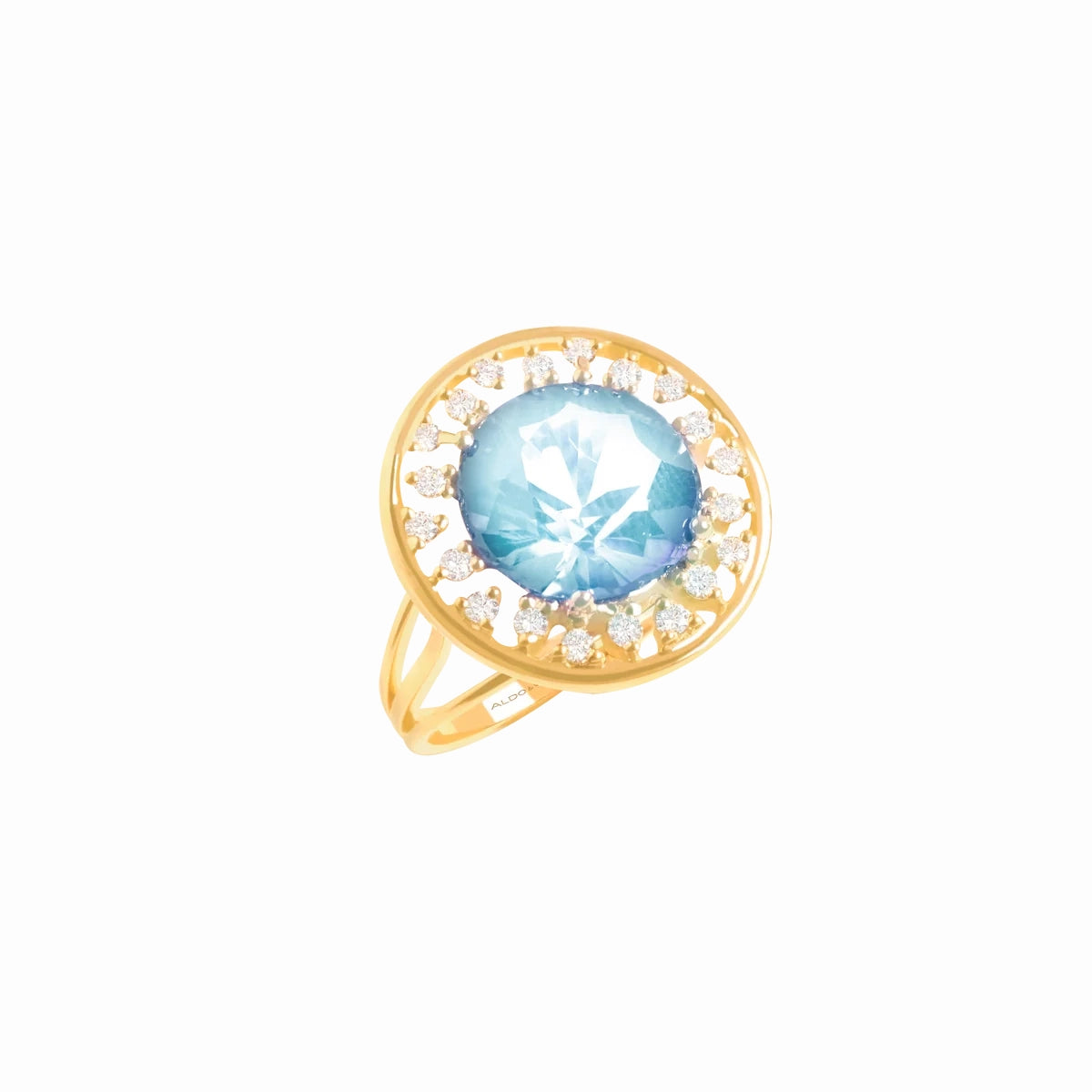 Anillo en oro amarillo de 18K redondo calado con topacio azul redondo