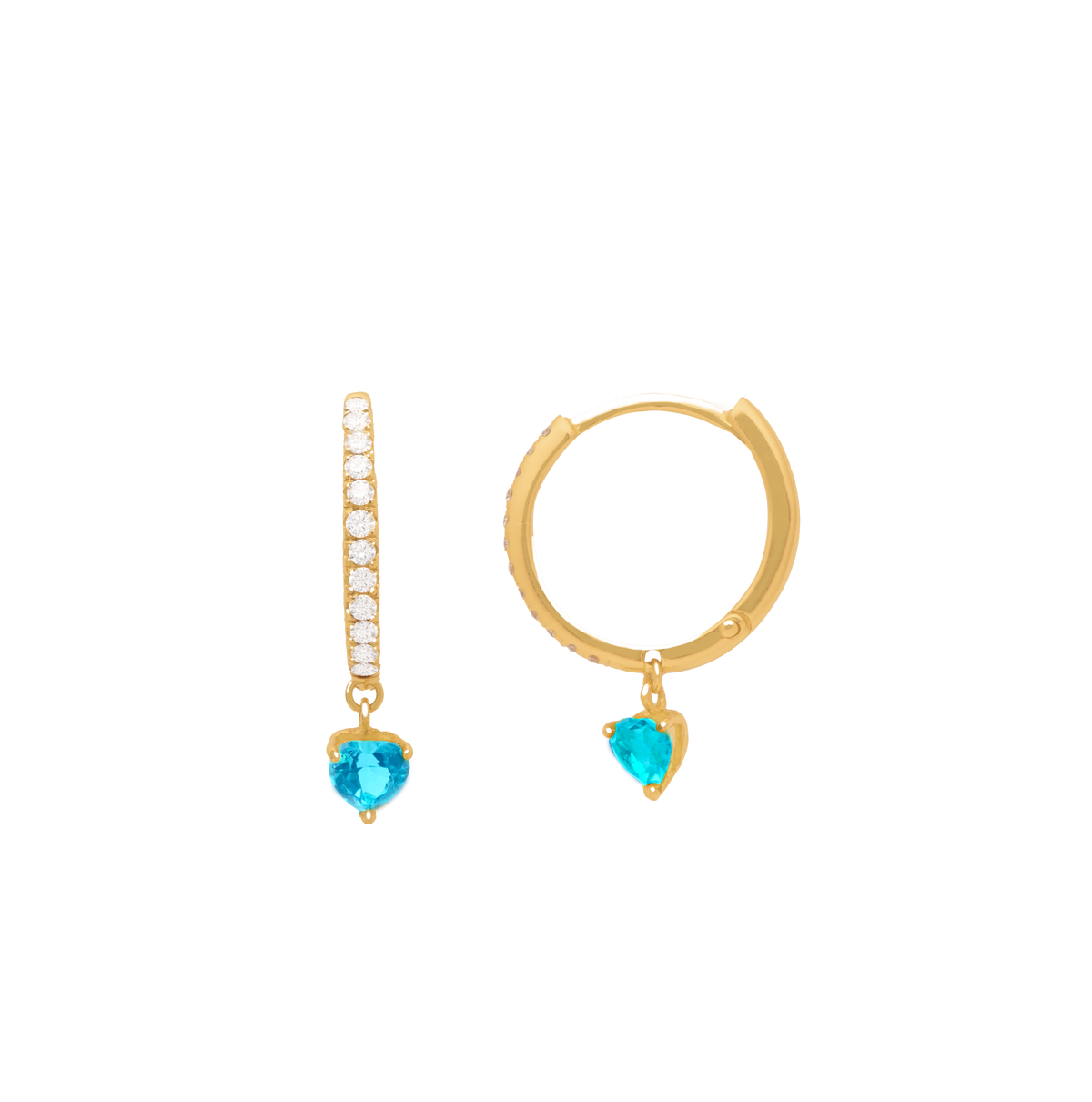 Aretes argollas en oro amarillo de 18k con brillantes y topacio azul