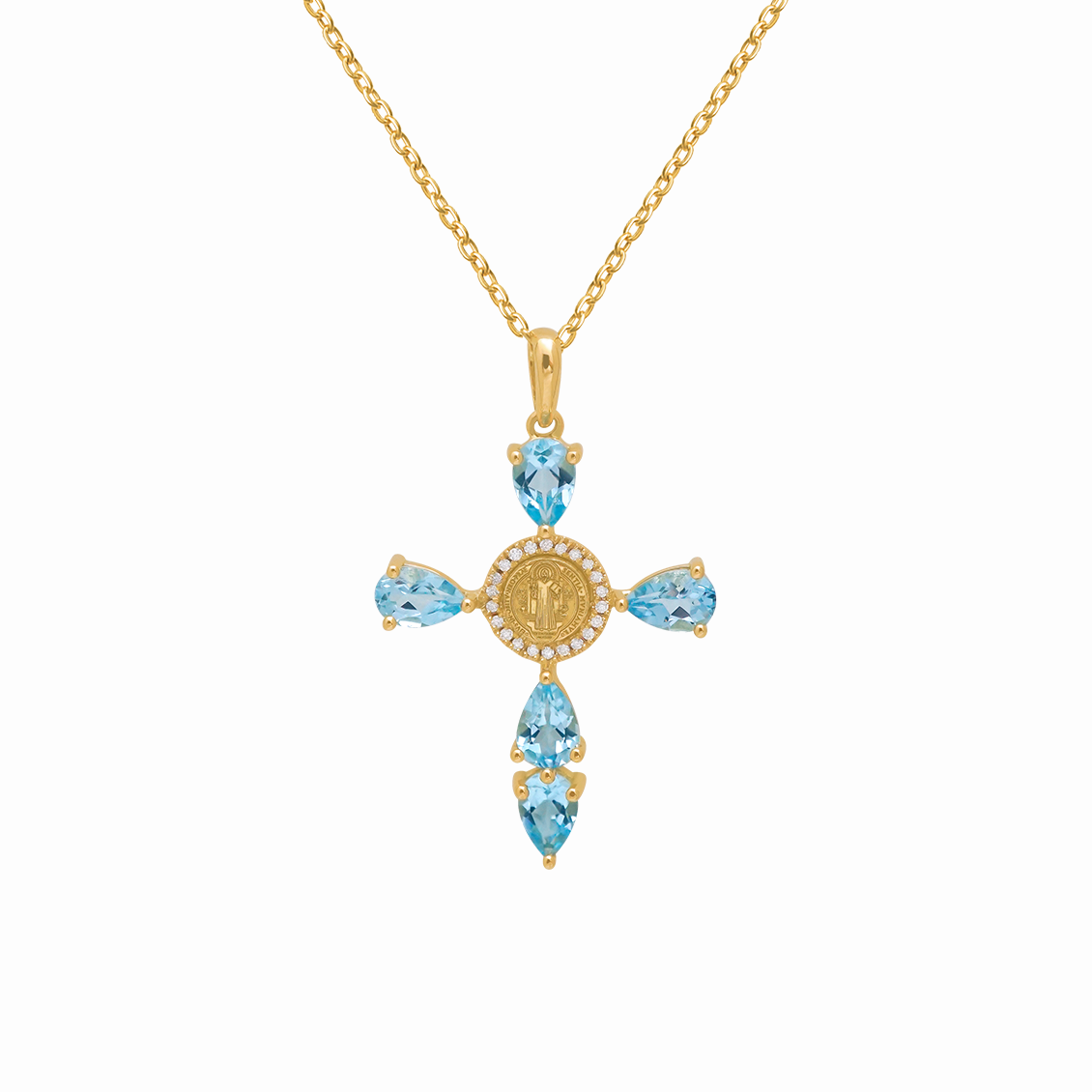 Dije en oro amarillo 18K virgen medalla milagrosa con topacios azules y brillantes