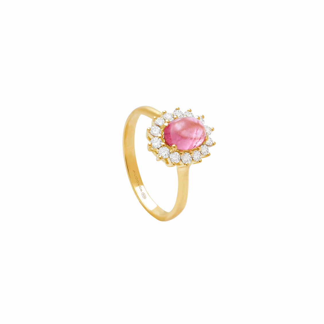 Anillo oro amarillo 18K con turmalina rosa cabuchón oval y brillantes