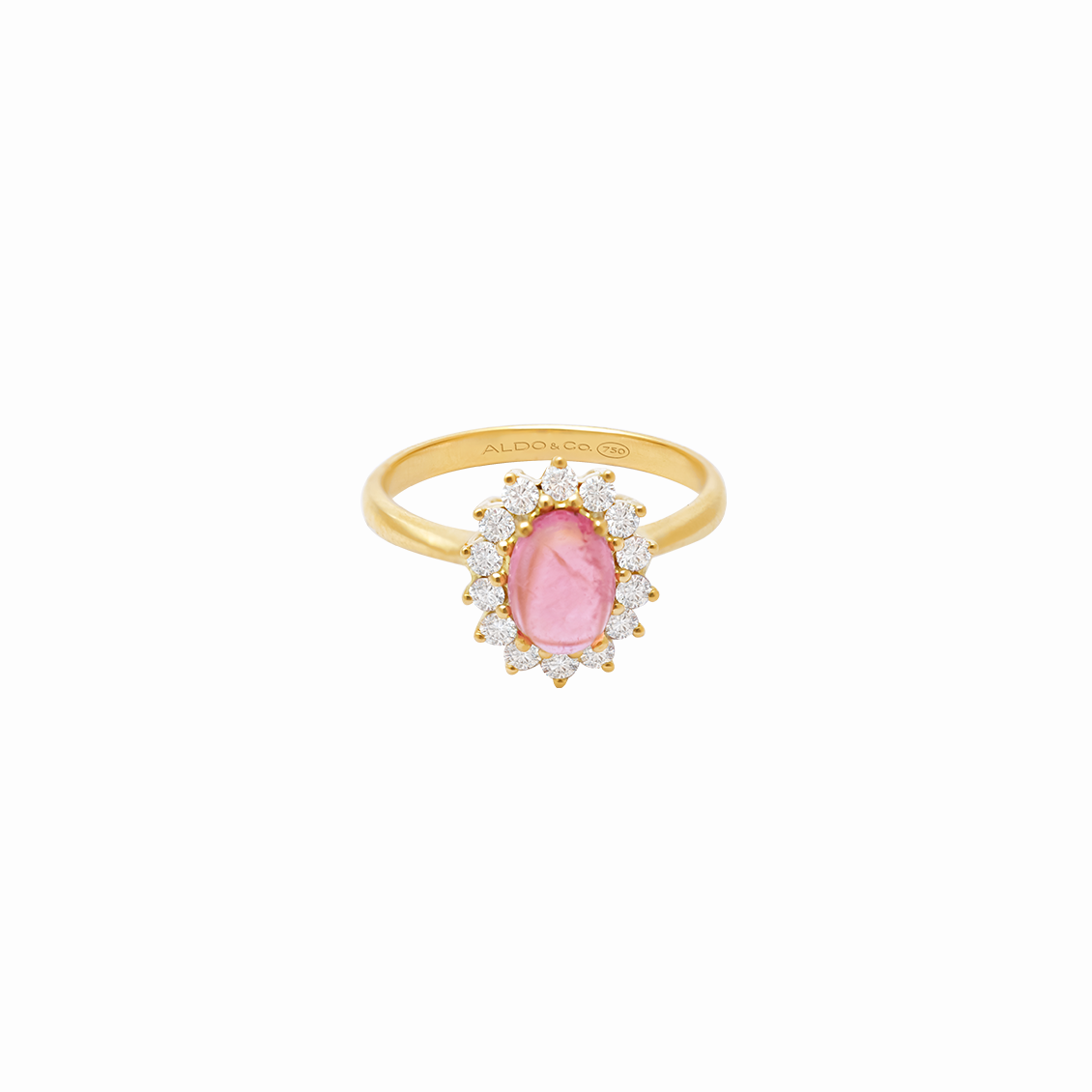 Anillo oro amarillo 18K con turmalina rosa cabuchón oval y brillantes