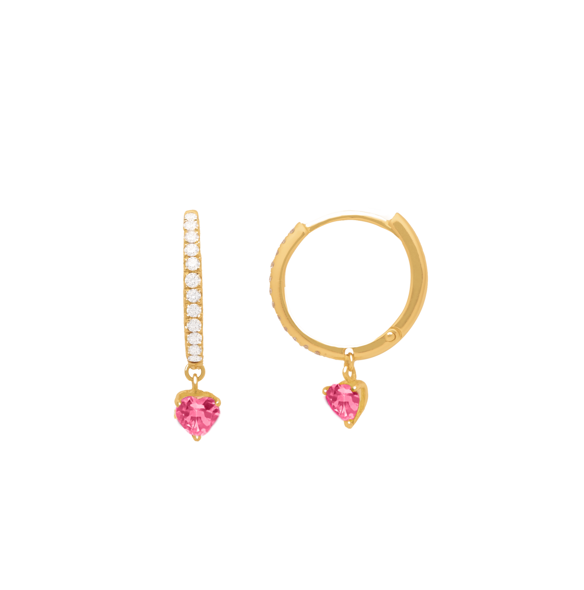 Aretes argollas en oro amarillo de 18k con brillantes y turmalina rosa