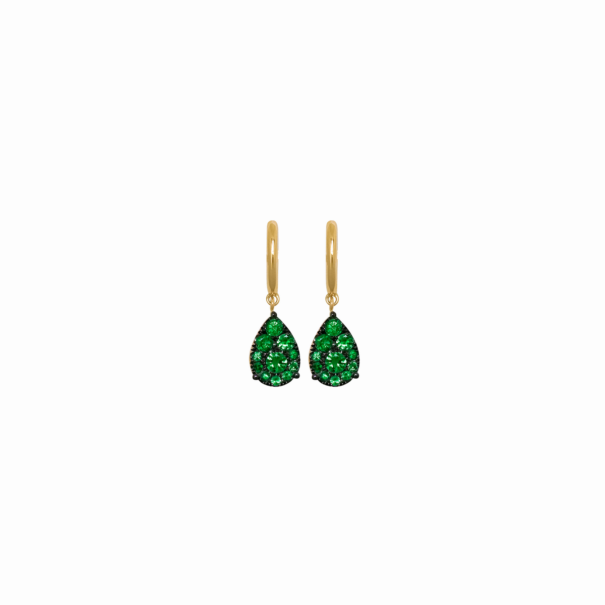 Argollas ovales en oro amarillo de 18K con tsavorita redondas con rodio negro