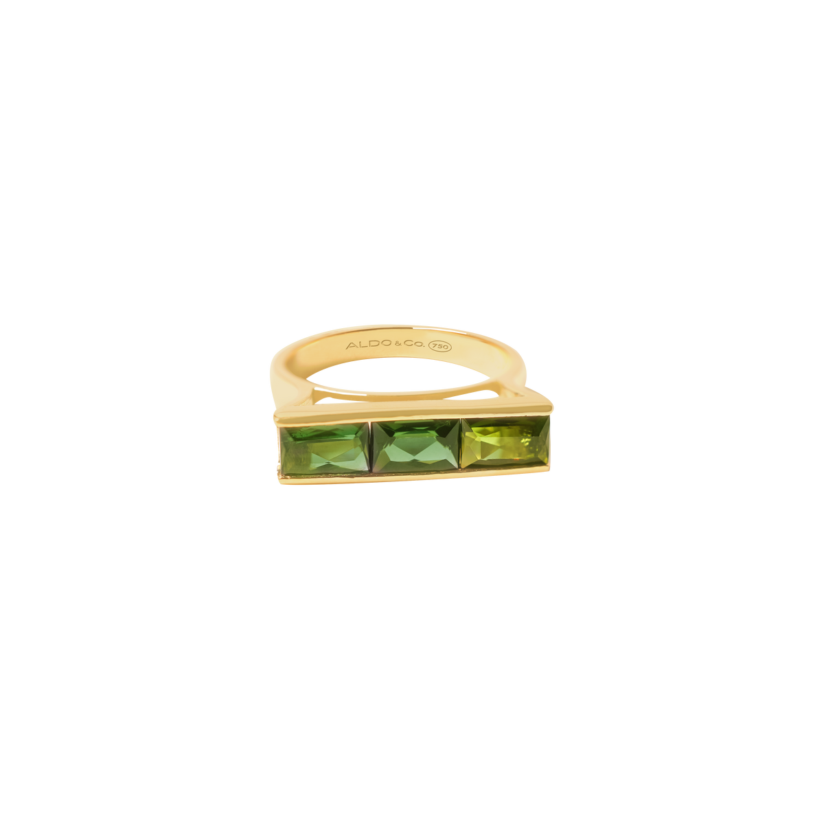 Anillo oro amarillo de 18K con 3 turmalinas verdes baguettes