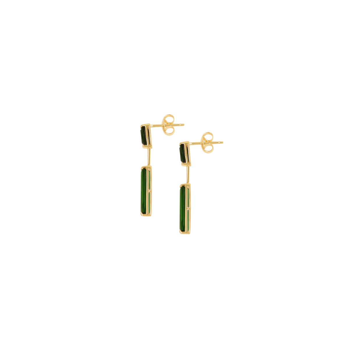 Aretes en oro amarillo de 18K con poste turmalina baguette verde
