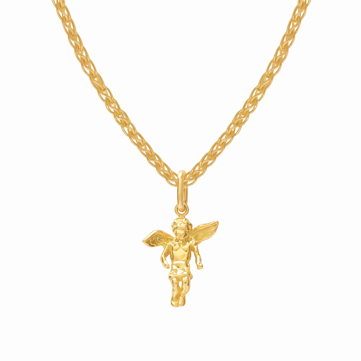Dije en oro amarillo de 18K angelito tridimencional con loop oval