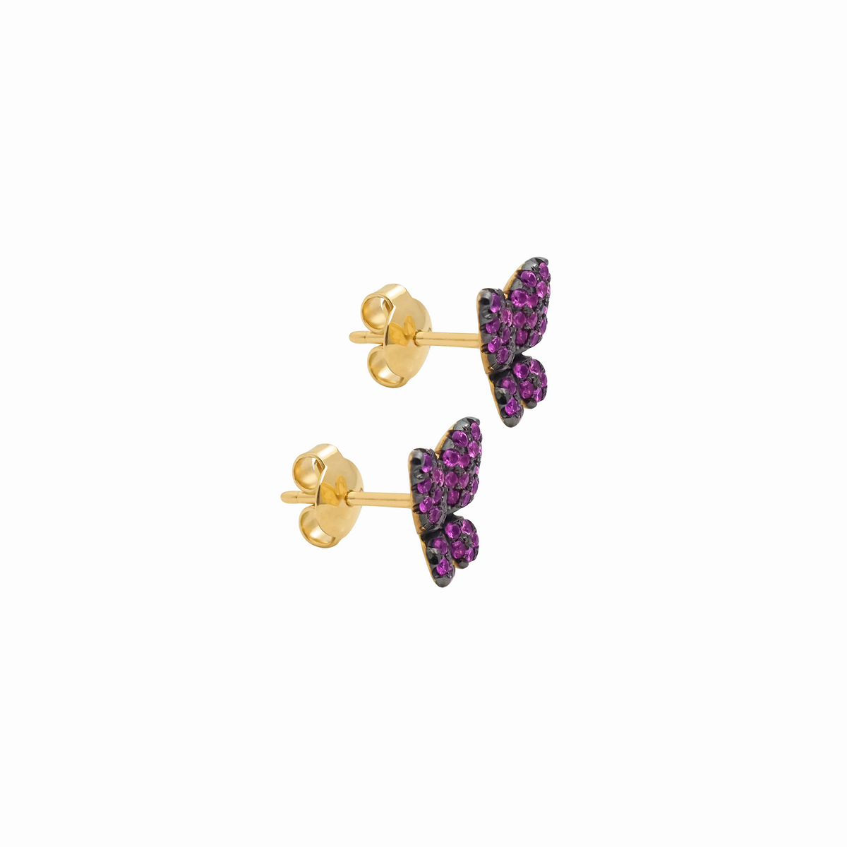 Aretes en oro amarillo 18K mariposa con zafiros rosados y rodio negro