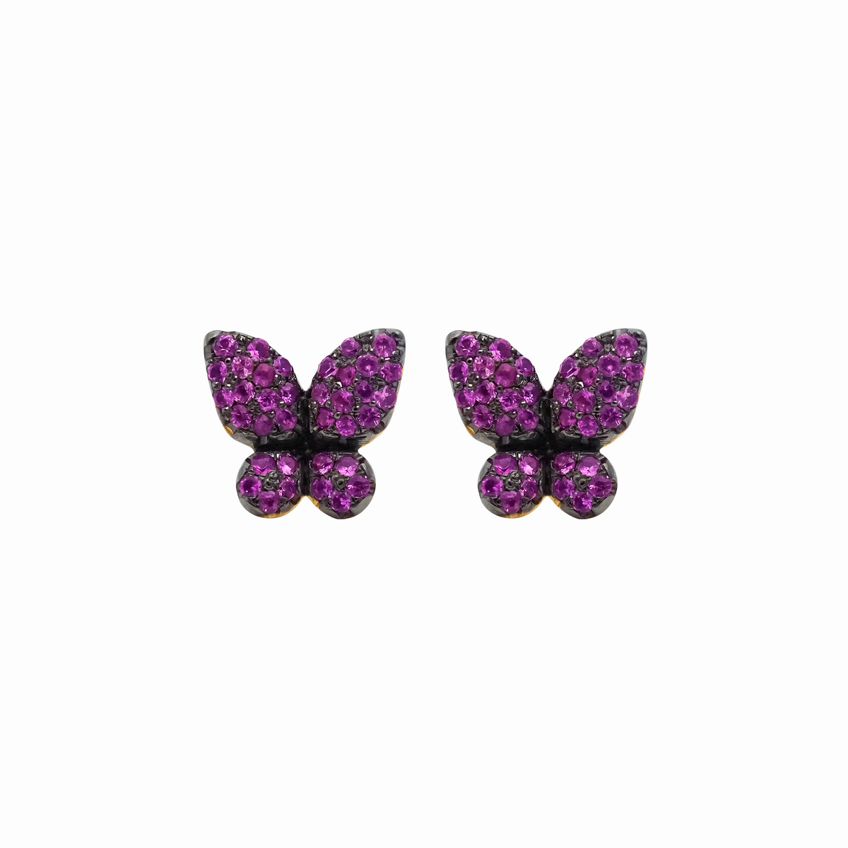 Aretes en oro amarillo 18K mariposa con zafiros rosados y rodio negro