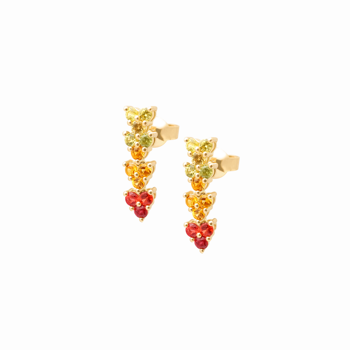 Aretes en oro amarillo de 18K con zafiros amarillos, naranjas y rojos