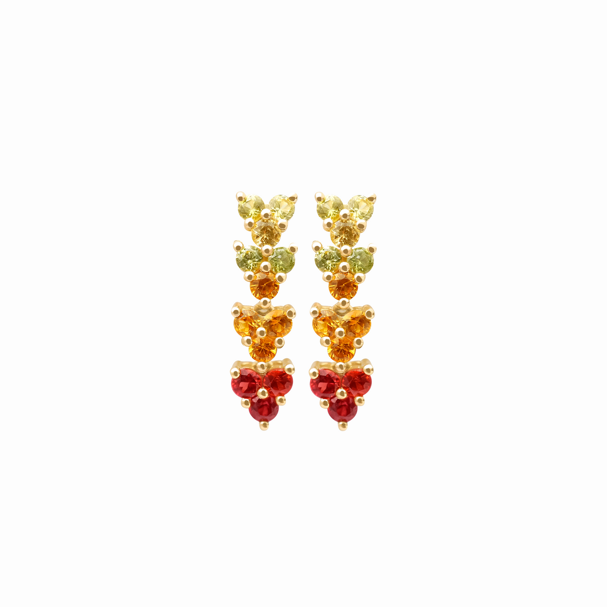 Aretes en oro amarillo de 18K con zafiros amarillos, naranjas y rojos