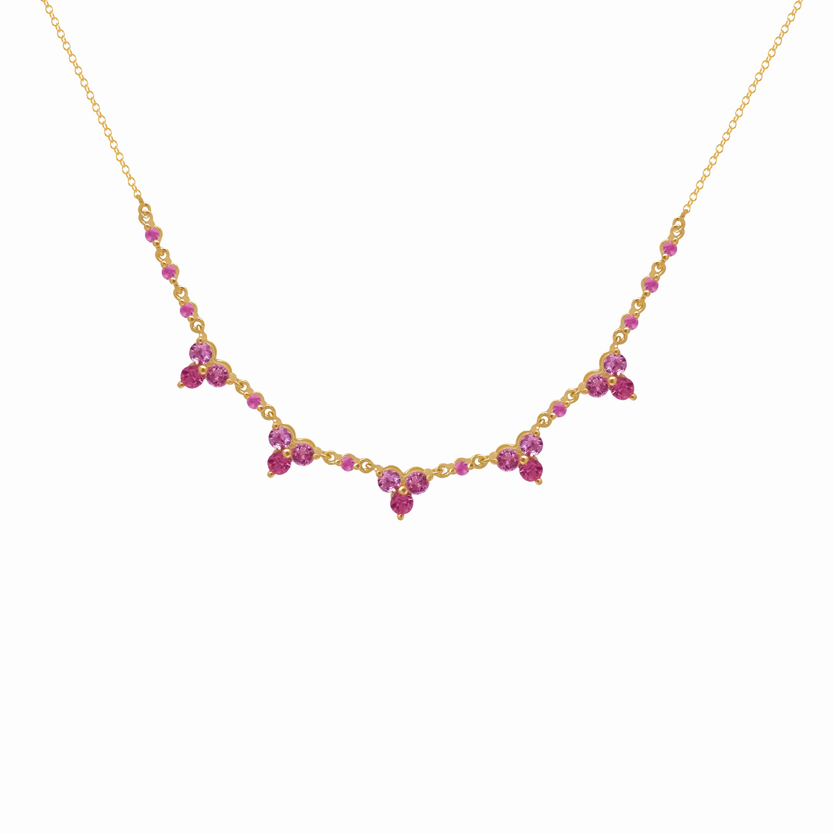 Collar en oro amarillo 18K intercalados trebol con zafiro rosados y brillantes