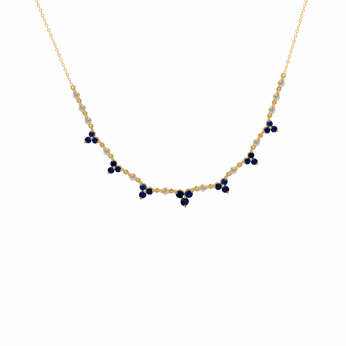 Collar en oro amarillo 18K treboles intercalodos con zafiros azules