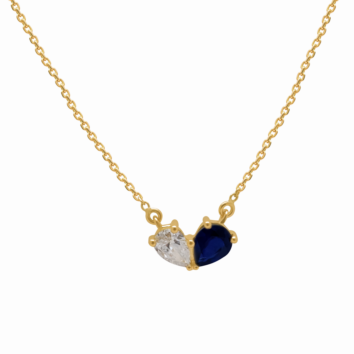 Collar en oro amarillo 18K corazon con zafiro pera y diamante pera y cadena