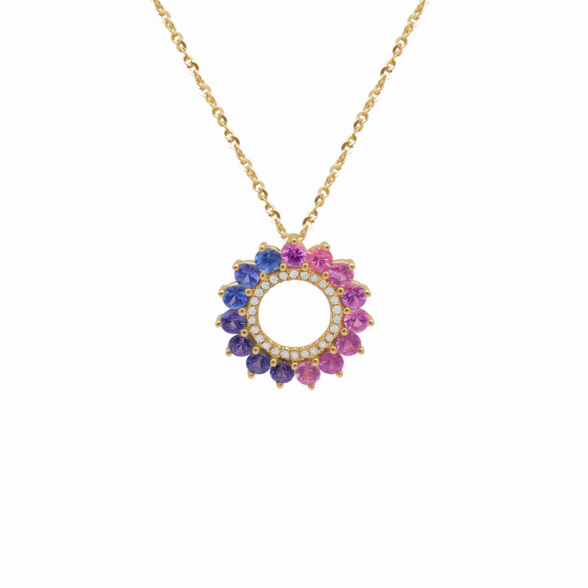 Dije en oro amarillo 18K con zafiros rosas y lilas