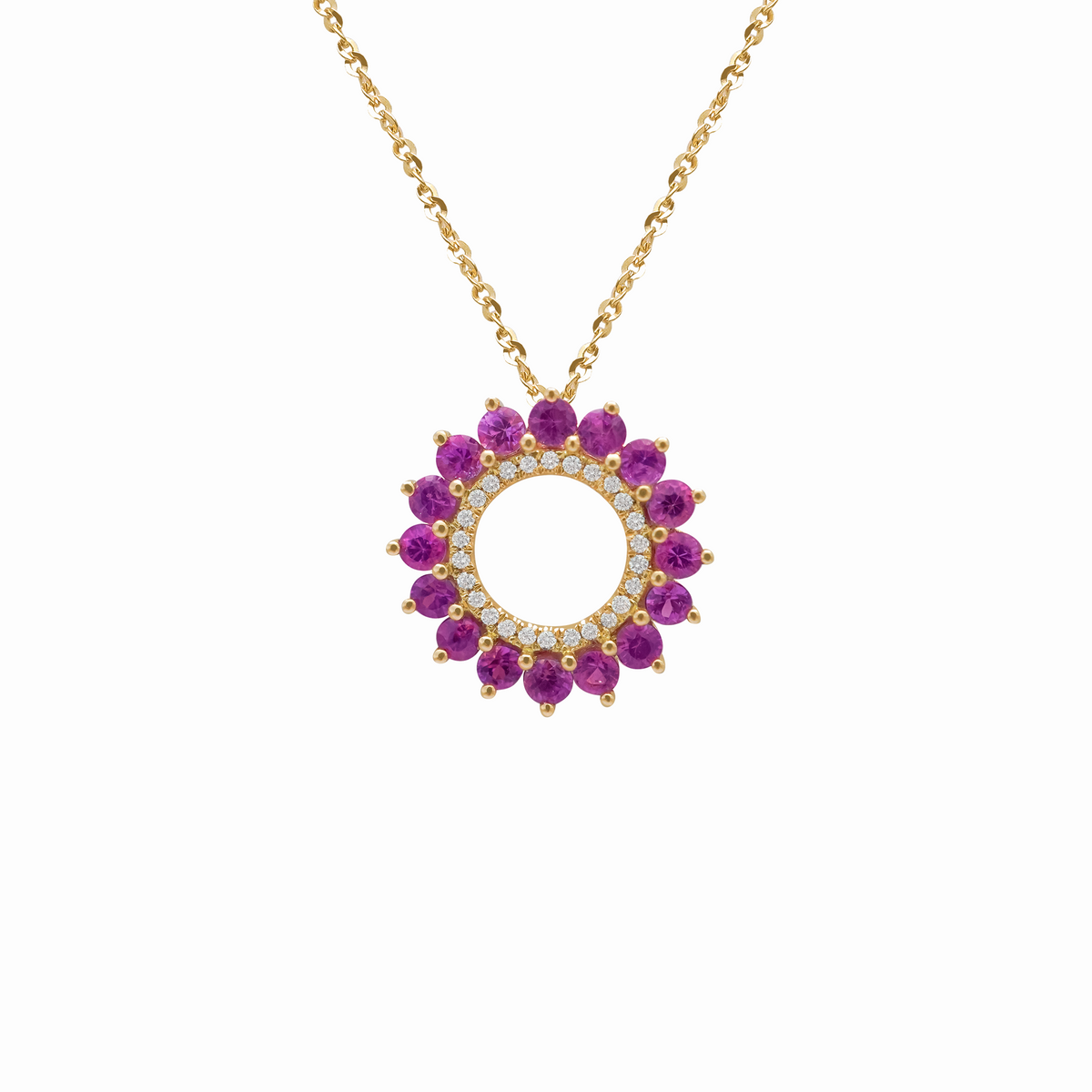 Dije en oro amarillo 18K con zafiros violetas y brillantes