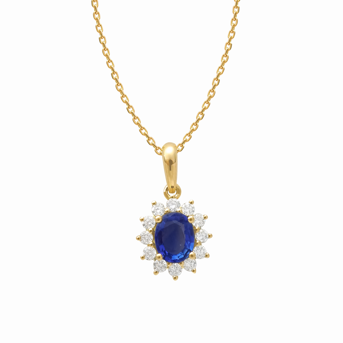 Dije en oro amarillo de 18K Lady Di oval con brillantes redondos