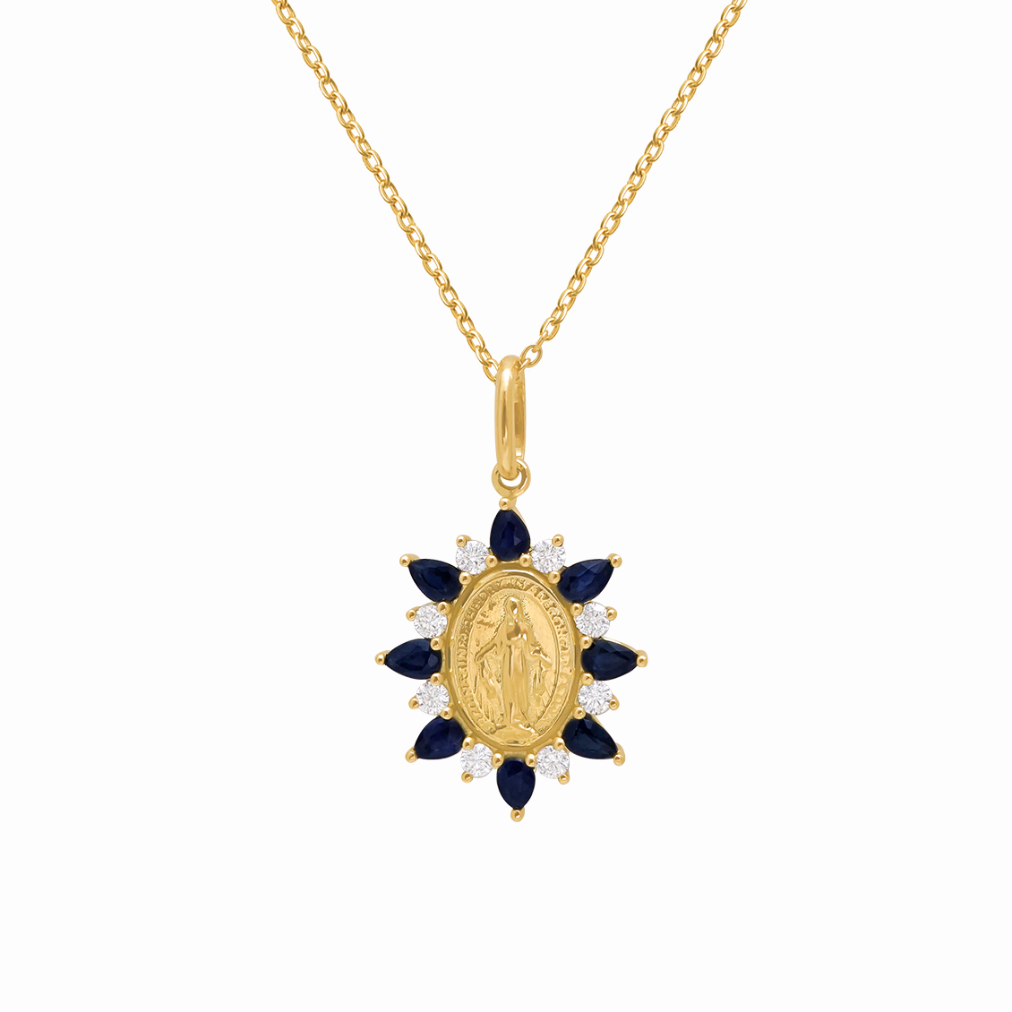 Dije en oro amarillo 18K virgen medalla milagrosa con zafiros pera y brillantes
