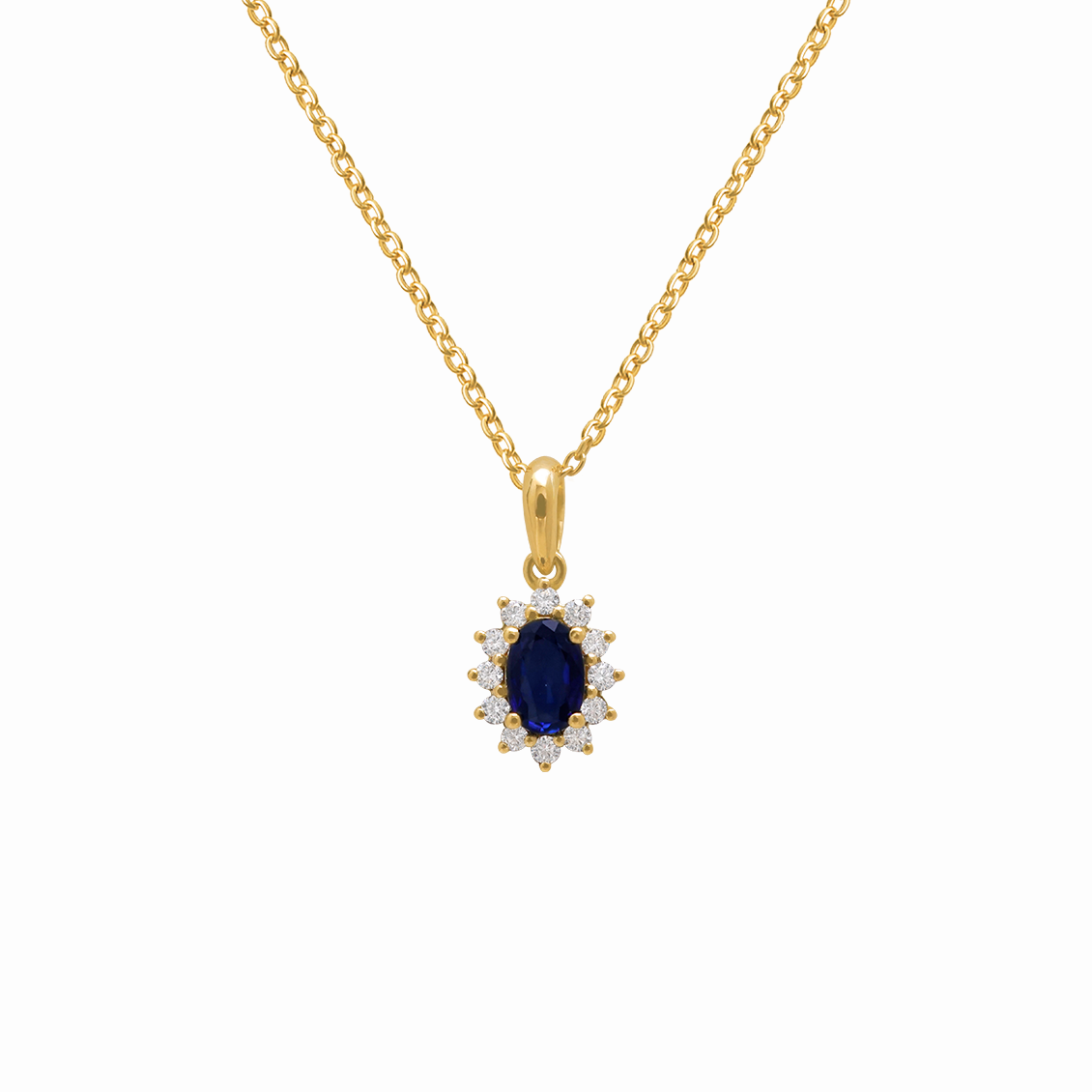 Dije oro amarillo 18K Lady Di. zafiro oval y brillantes