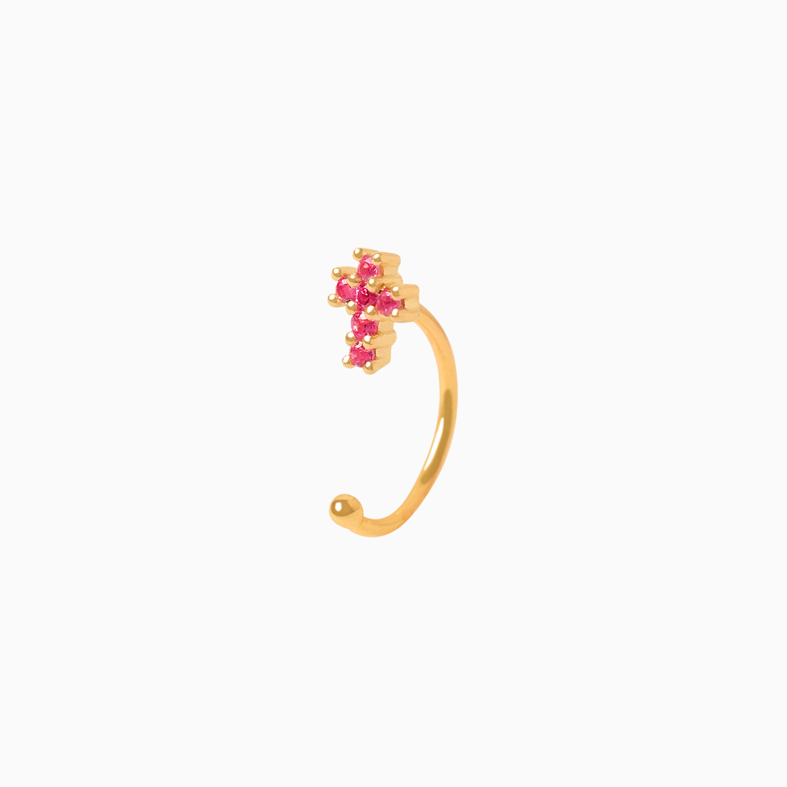 Medio arete en oro amarillo de 18K piercing cruz con zafiros rosados