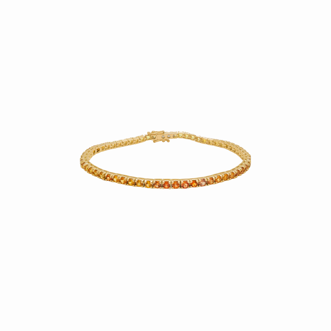 Pulsera en oro amarillo 18K tennis con zafiro amatista naranja redondo con broche tipo 8