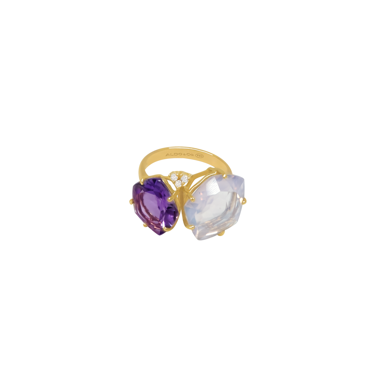 Anillo oro amarillo de 18K con ópalo lila y amatista pentagonal