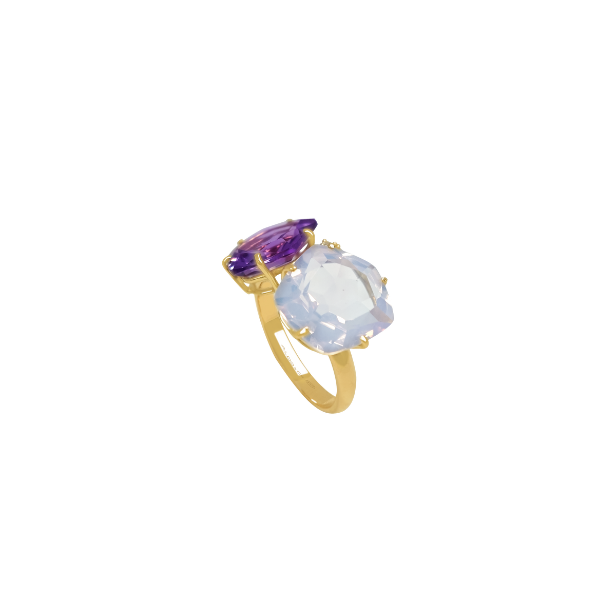 Anillo oro amarillo de 18K con ópalo lila y amatista pentagonal