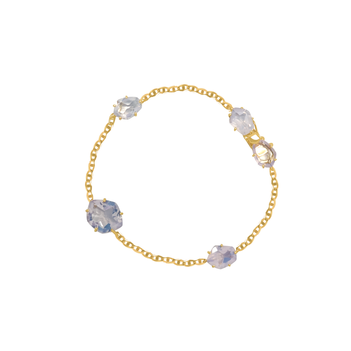 Pulsera oro amarillo de 18K con 5 ópalos lila pentagonales