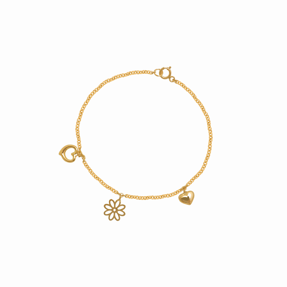 Pulsera oro amarillo 18K con dijes corazón y flor para niña