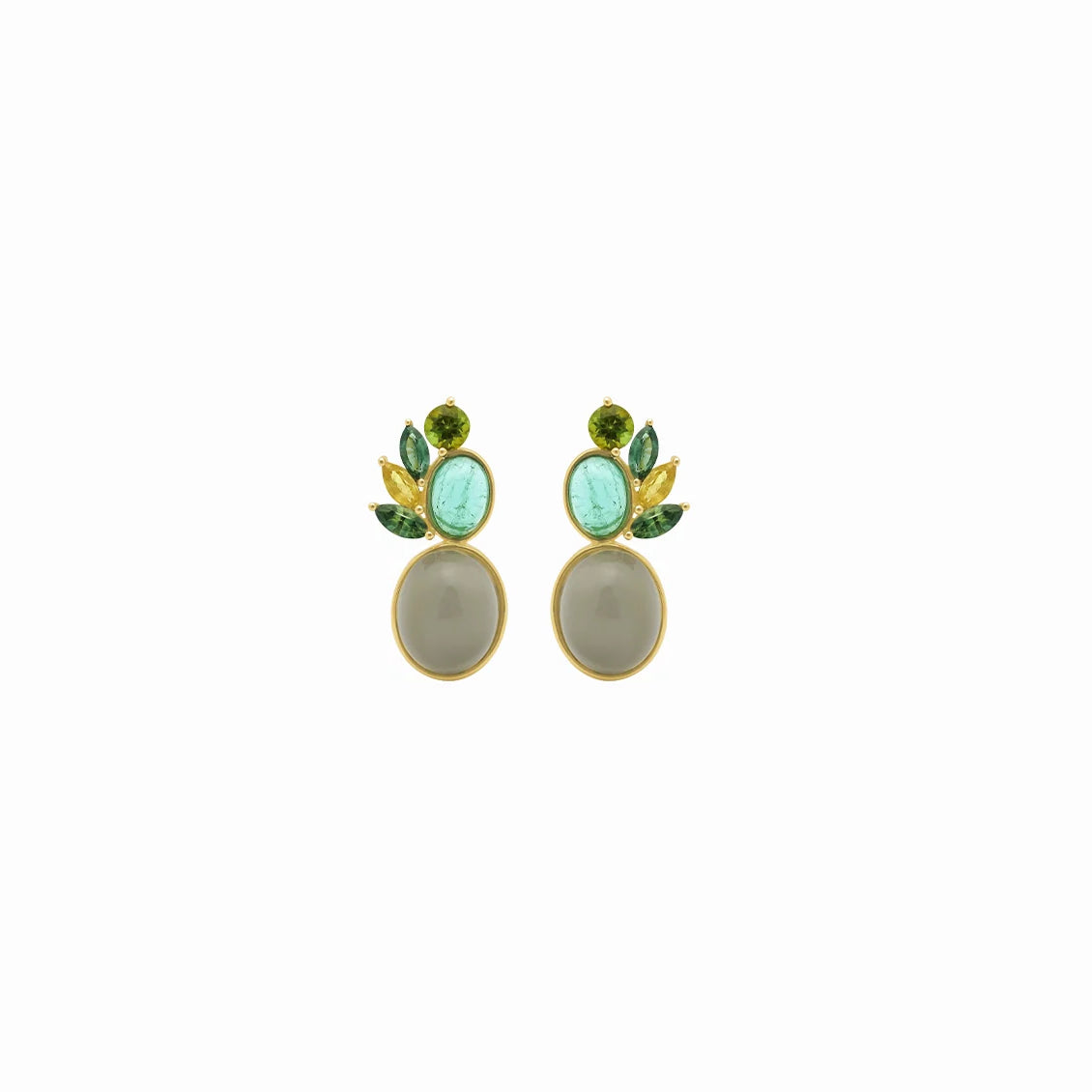 Aretes en oro amarillo 18K luna oval y zafiro verde, amatistas y turmalinas