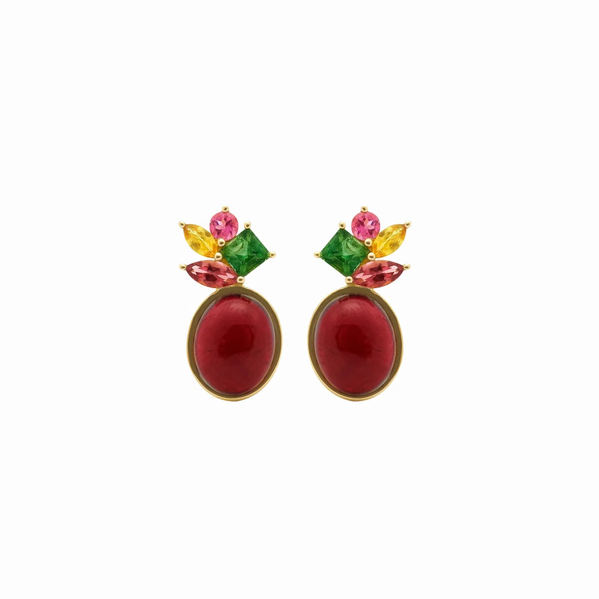 Aretes en oro amarillo 18K con granates turmalinas rosas y verdes