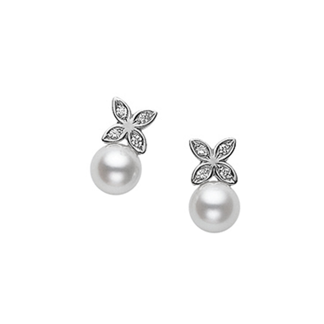 Aretes Mikimoto en oro blanco de 18K mariposa con brillante