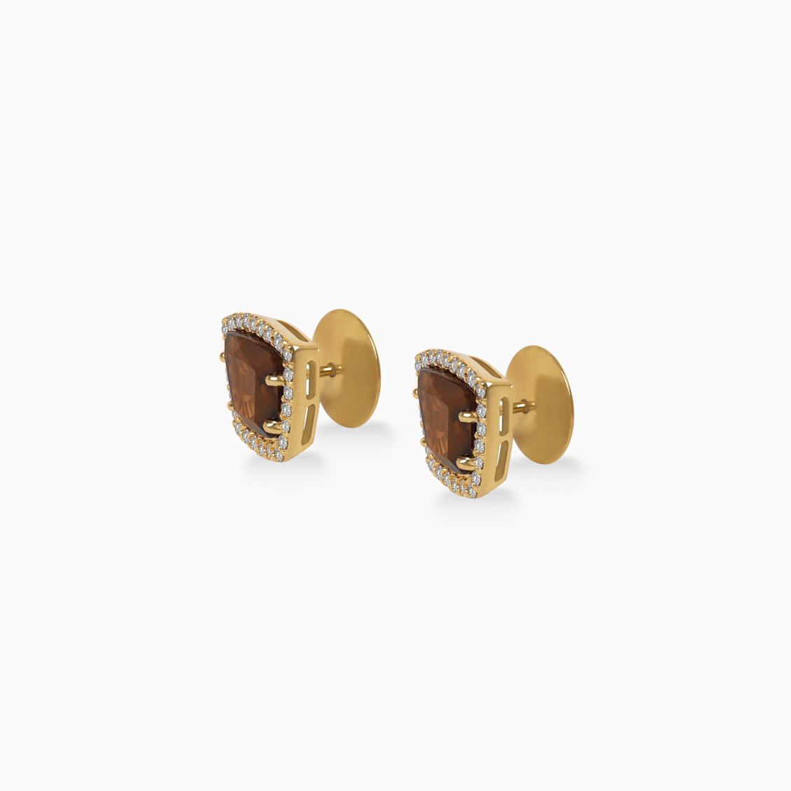Aretes en oro amarillo de 18K cuarzo fume con brillantes
