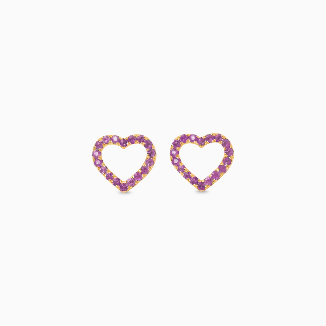 Aretes en oro amarillo de 18K amma corazón full love con zafiros rosado